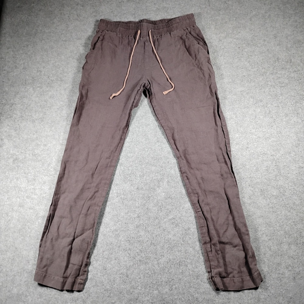 Len Ok Brown 100% Linen Pants Women Medium Elastic Waist Drawstring Casual